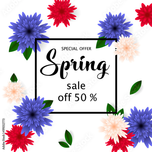 Spring sale banner with paper flowers for online shopping, advertising actions, magazines and websites.