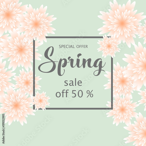 Spring sale banner with paper flowers for online shopping, advertising actions, magazines and websites.