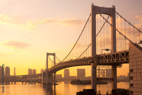 Rainbow Bridge and skyline of Odaiba, Tokyo, Kanto Region, Honshu, Japan