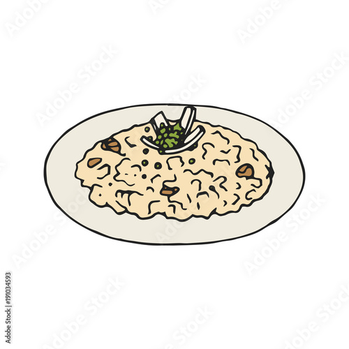 Risotto on the plate. Isolated on White Background. Traditional Italian Cuisine. Hand-drawn illustration in vintage style.