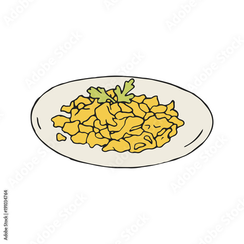 Hand drawn illustration of scrambled eggs in vintage style. Isolated on white background.