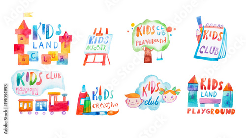 Set of watercolor promo signs with letterings for kids club