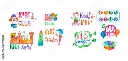 Hand-drawn watercolor logo set for kids club. Collection of promotional symbols for playground and entertaining center for children.