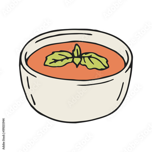 Vector illustration of tomato soup in hand drawn vintage style. Isolated on white background.