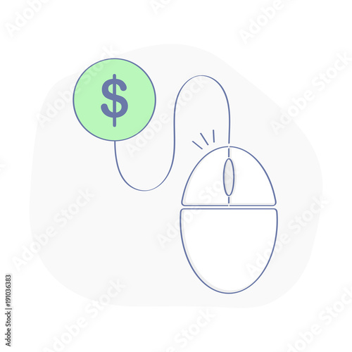 Pay per click illustration or cost per click, CPC, freelance, pay per work in web, internet surf device icon concept. Mouse pad connected with dollar coin symbol. E-commerce flat outline sign vector.