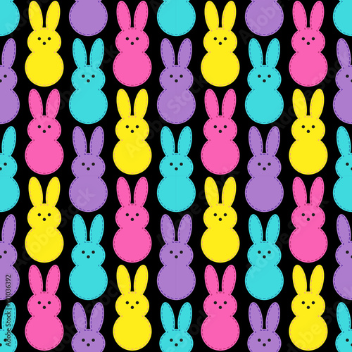 Cute Easter seamless pattern design with funny cartoon characters of bunnies in 80s and 90s style neon colors