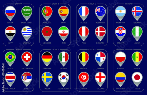 Football World championship groups. 2018 soccer world tournament in Russia. World football cup. Vector illustration country flags. Infographic