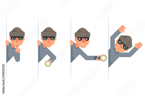 Evil thief greedily grabbing hand flashlight peeping out surrender give up cartoon characters set flat design isolated vector illustration