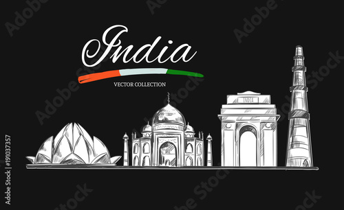 Lotus temple. Taj Mahal. Gate of India. Kutb-Minar. The Heritage of India. Vector hand drawn illustration. Sketch style. Concept. Template