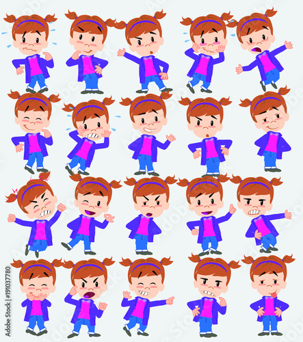 Cartoon character white girl. Set with different postures  attitudes and poses  doing different activities in isolated vector illustrations.