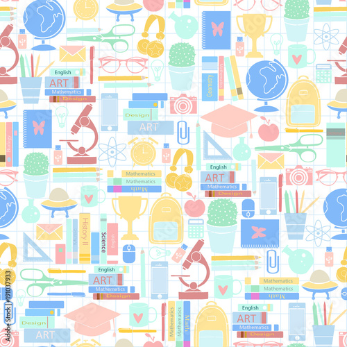 Hand Drawn Study seamless pattern with school accessories. Sketch background with icons. Colorful doodles illustration. Background with school elements and objects. Back to school.