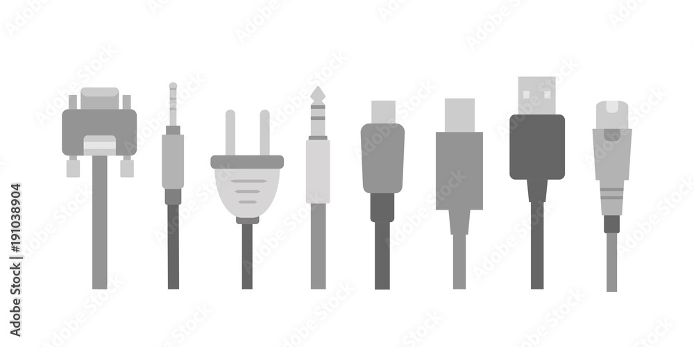 Vector set of Cable wire computer and electricity plug collection. Vector set of Cable wire computer and electricity plug collection.