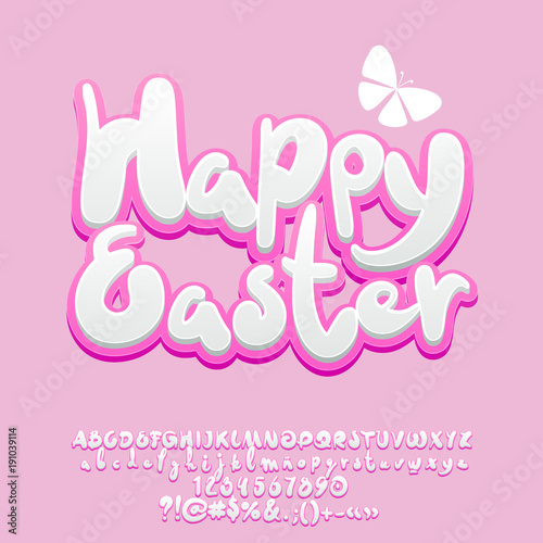 Vector cute Greeting Card Happy Easter with butterfly. Set of Alphabet with pink Letters  Numbers and Symbols
