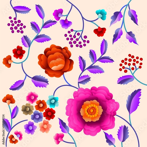 Vector Ancient Oriental folk motif of flowers. Manton shawl, Spanish Manila flamenco decorative embroidery ornament. Traditional handmade embroidery.