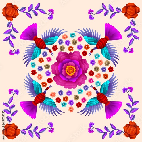 Vector Ancient Oriental folk motif of flowers. Manton shawl, Spanish Manila flamenco decorative embroidery ornament. Traditional handmade embroidery.