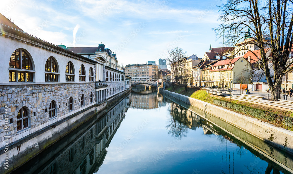 Ljubljanica river with old central market and Triple bridge, Ljubljana.