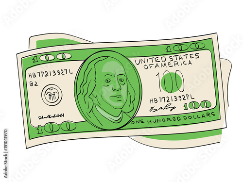 A hundred dollars pile object on a white background. Scientist, publicist and diplomat Benjamin Franklin