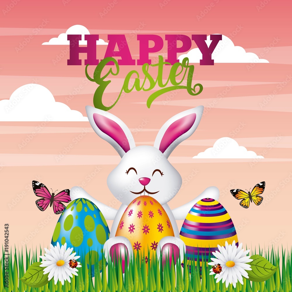 Happy Easter. Field with rabbit fishing Easter eggs, butterfly and flowers.  Stock Vector