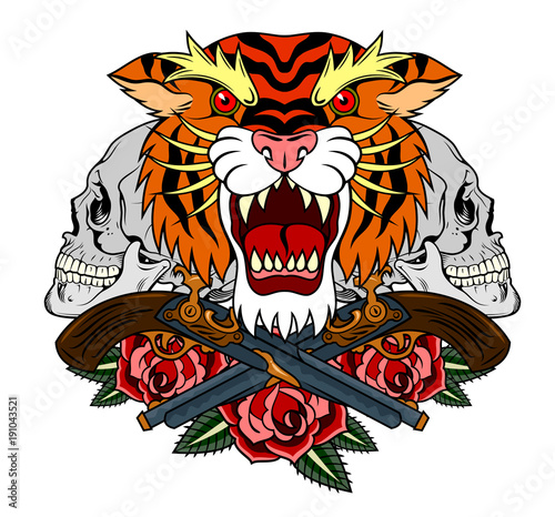 Fototapeta Naklejka Na Ścianę i Meble -  Portrait of a grinning Tiger in an old school style