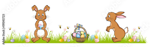 Happy Easter Banner with Easter Bunnies on a green meadow