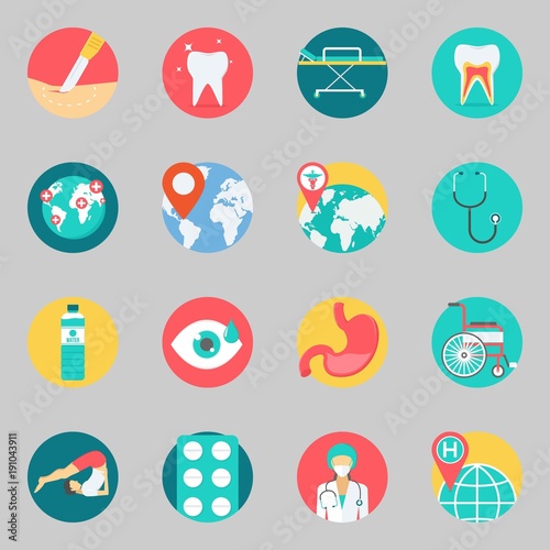 Icons set about Medical. with location, yoga and tooth