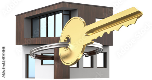 The little house next to it is the keys. Symbol of hiring a house for rent, selling a home, buying a home, a mortgage. 3D rendering, isolated on white background.