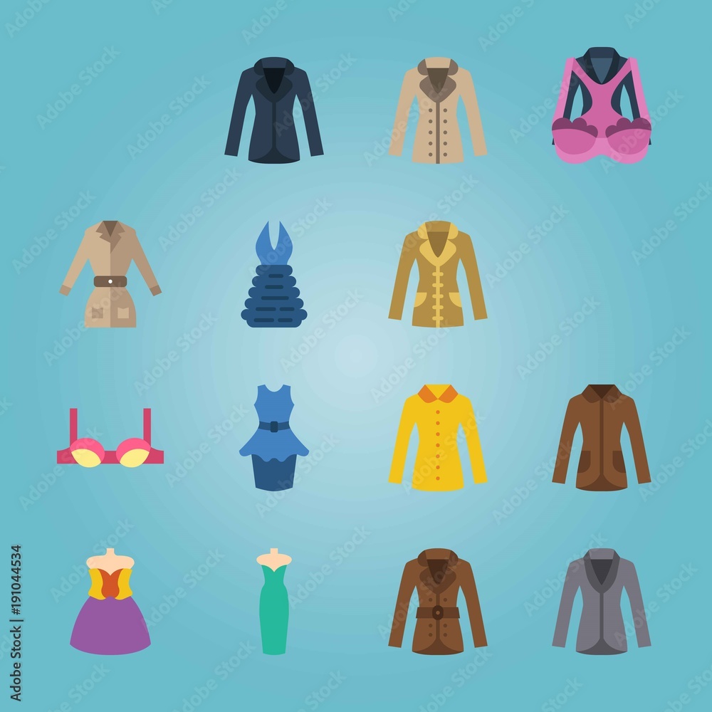 Icon set about Woman Clothes. with coat, bra and dress Icon set about Woman Clothes. with coat, bra and dress