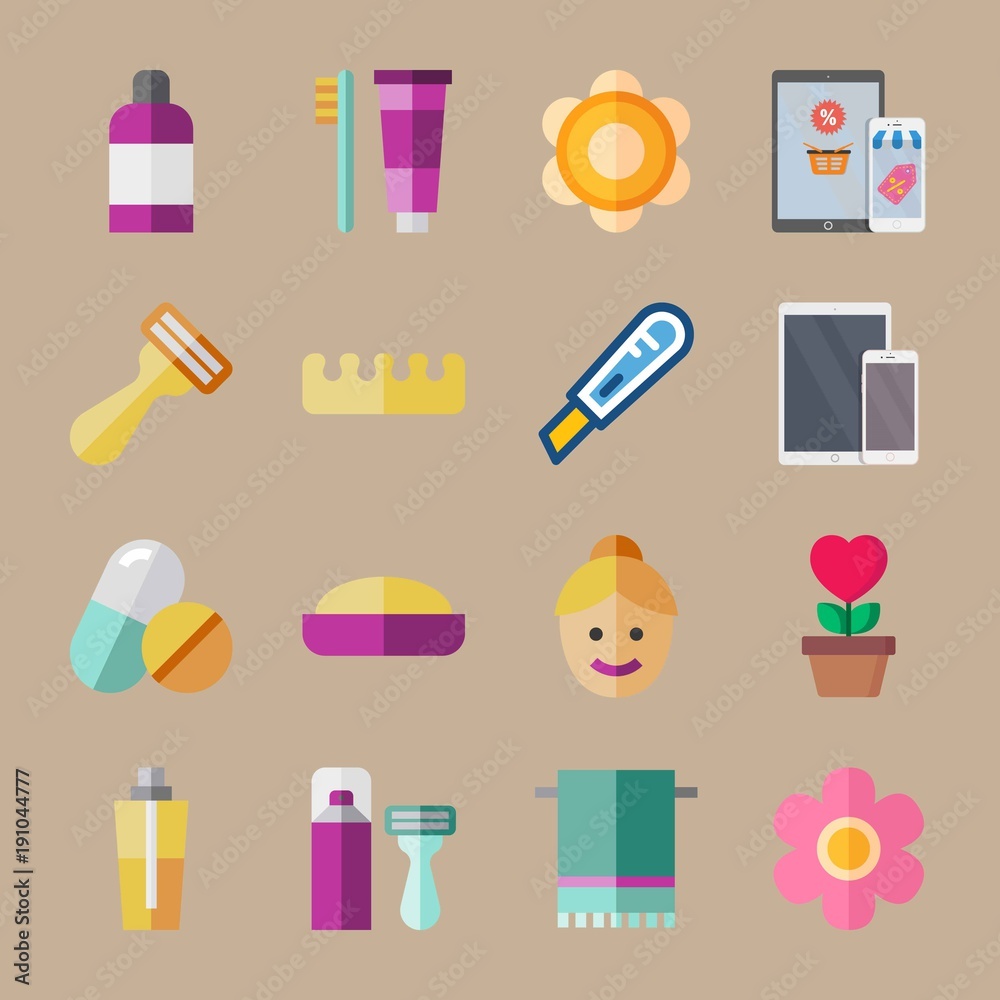 icon set about beauty with toe separator, shaving and medicine icon set about beauty with toe separator, shaving and medicine