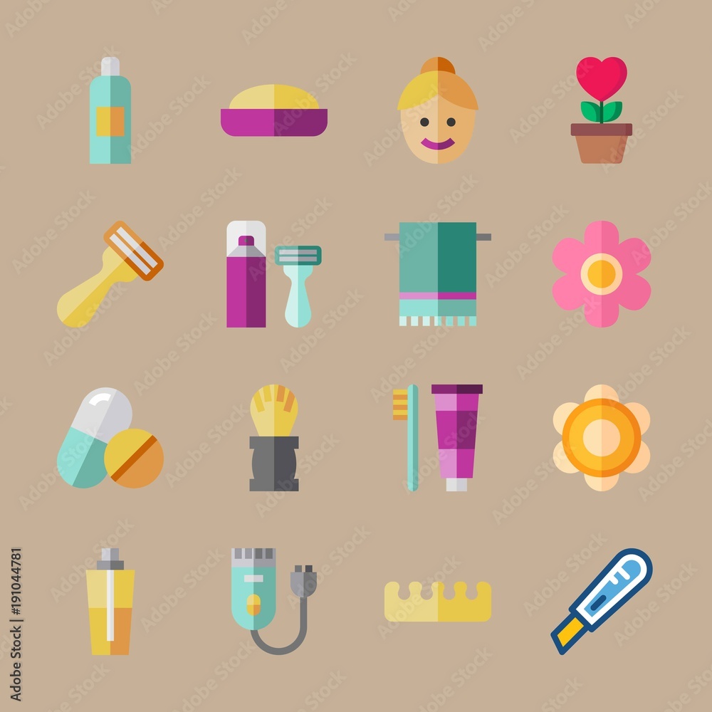 icon set about beauty with shaver machine, flower and pills