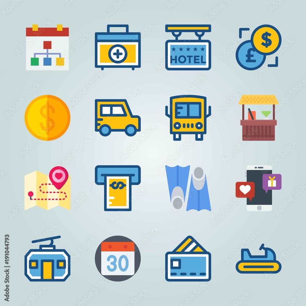 Icon set about Travel. with money, medicine box and dollar-euro Icon set about Travel. with money, medicine box and dollar-euro