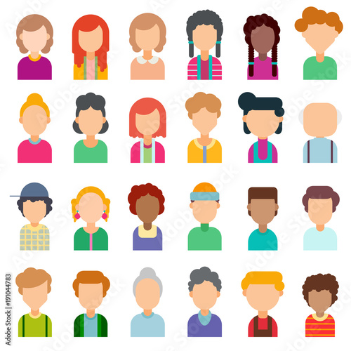 Colorful set of avatars in flat design. Vector illustration. Portraits of different people on a white background.