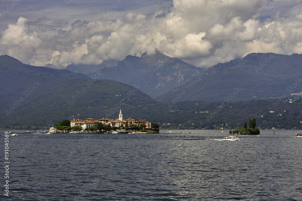 Panoramic view of Lake Maggiore and its islands, in the background the Alps.