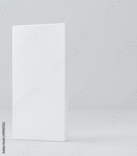 White empty cardboard rectangular container on gray background. Template for your content. 3d illustration