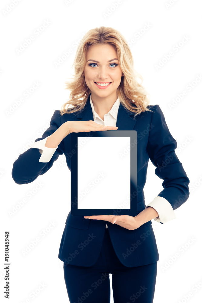 Businesswoman showing blank tablet pc, on white Businesswoman showing blank tablet pc, on white