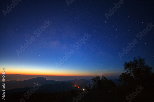 milky way galaxy before morning sunrise at Doi inthanon Chiang mai, Thailand. Long exposure photograph. With grain