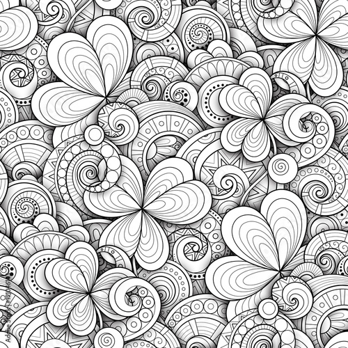 Monochrome Doodle St Patrick's Day Seamless Pattern. Decorative Clover Leaf Talisman, Abstract Coins and Swirl. Elegant Natural Background. Coloring Book Page. Vector 3d Ornate Illustration