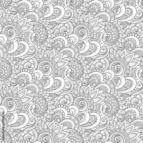 Monochrome Seamless Pattern with Floral Motifs. Endless Texture with Flowers  Leaves etc. Natural Background in Doodle Line Style. Coloring Book Page. Vector Contour Illustration. Abstract Art