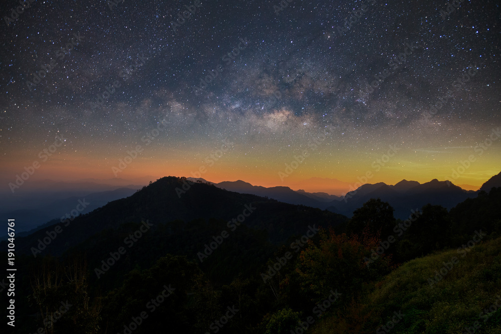 Beautiful mountain landscape with Milky way galaxy at Monson viewpoint Doi AngKhang, Chaingmai Thailand