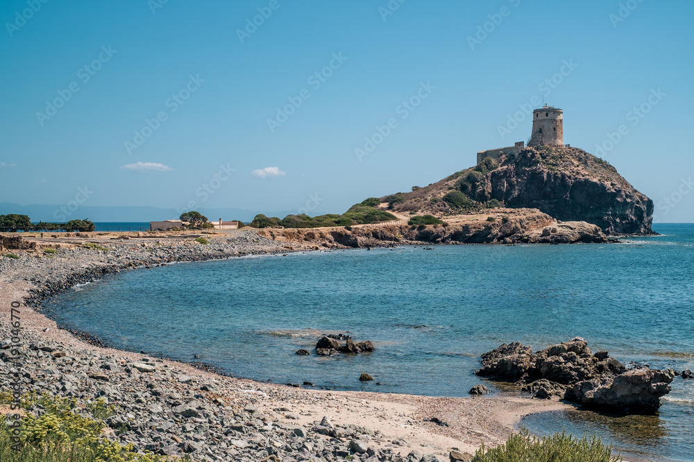 The watchtower on the Nora penisula. Famous archaeologic site near Cagliari, Sardinia, Italy.
