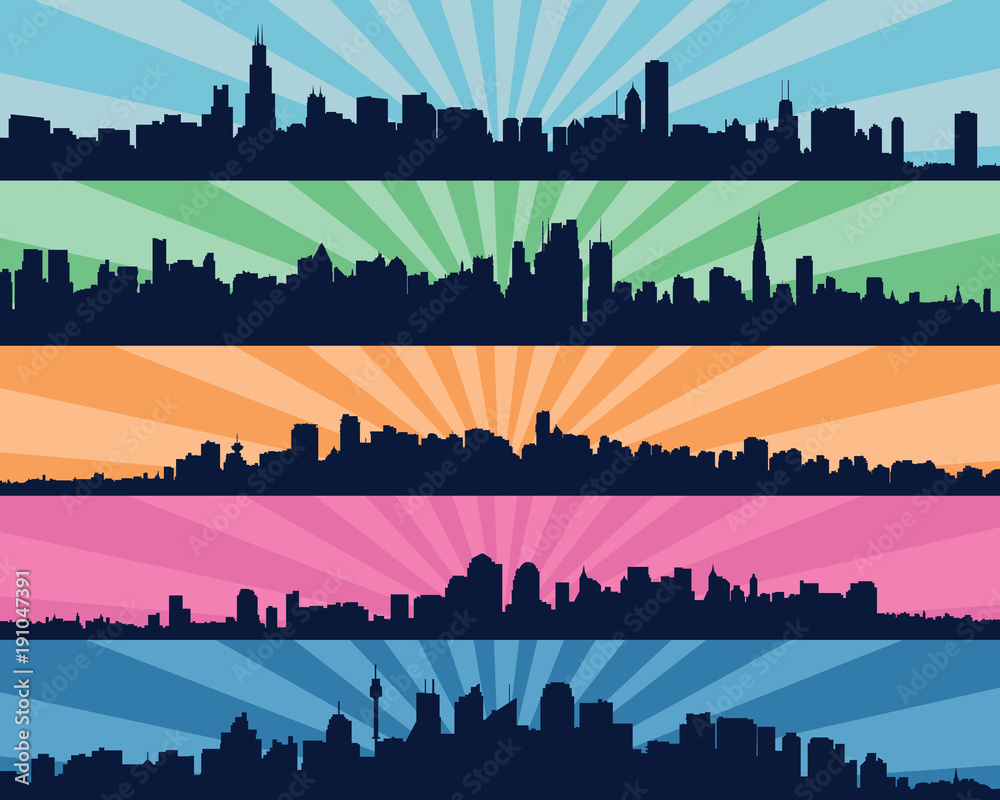 Set of five urban blue silhouettes, city, vector.