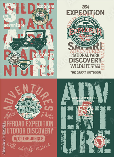 Africa offload adventure, 4 different vector prints for boy t-shirt with embroidery patches