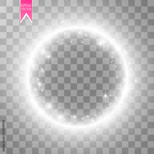 Vector light ring. Round shiny frame with lights dust trail particles isolated on transparent background.