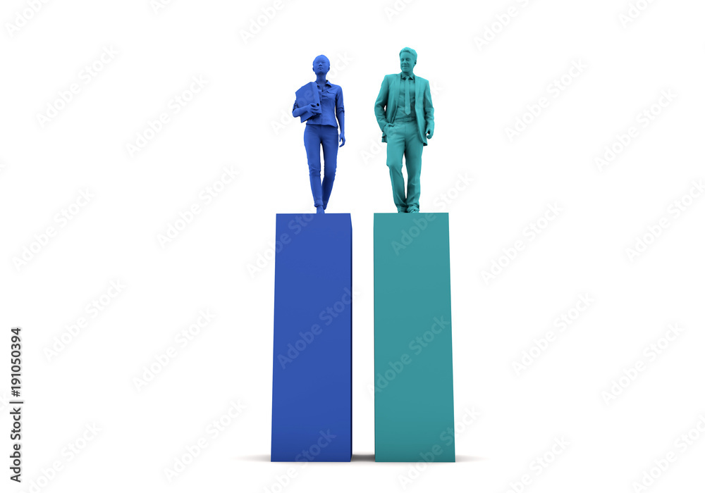 Gender equality concept. Businesswoman and businessman on two towers. 3D Rendering Gender equality concept. Businesswoman and businessman on two towers. 3D Rendering