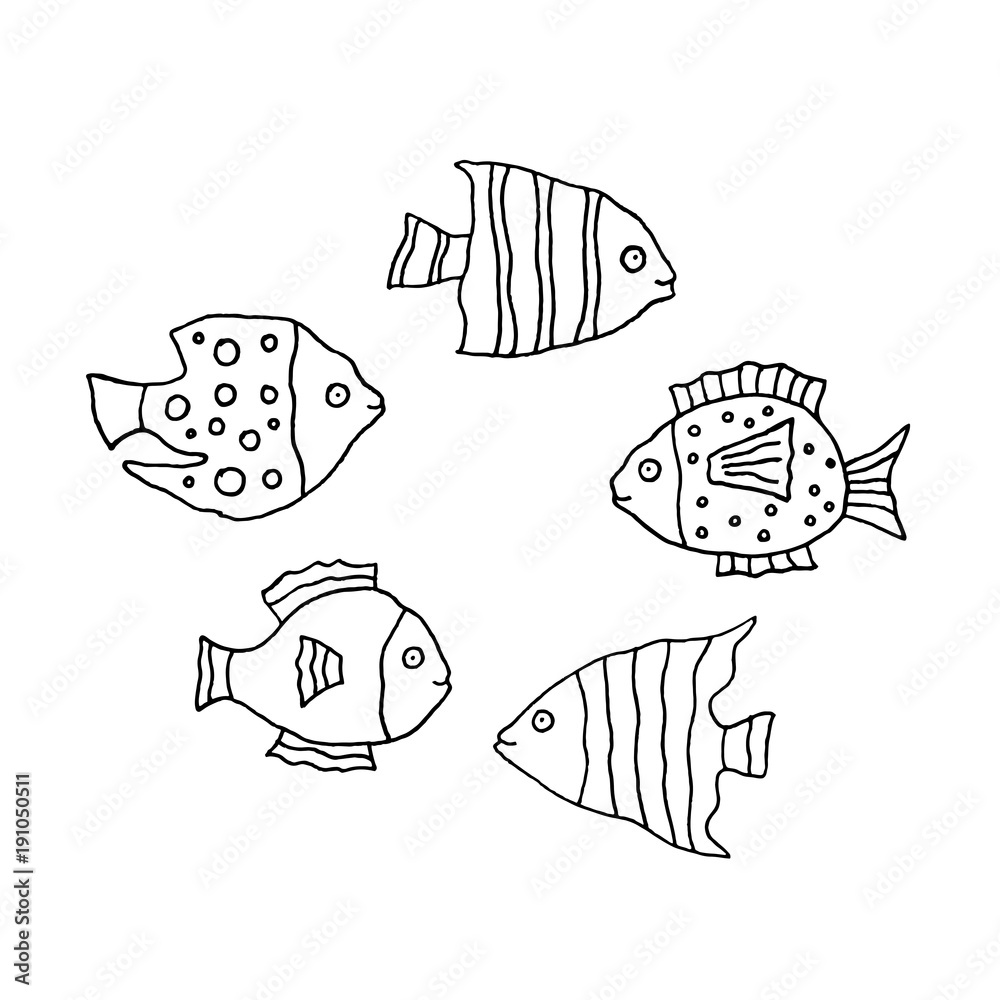 Linear cartoon hand drawn fish set. Cute vector black and white fish set. Isolated monochrome doodle fish set on white background.