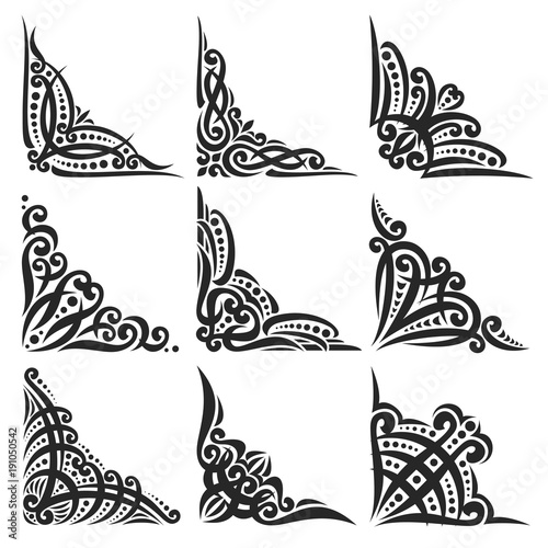 Vector set of decorative black Corners on white for creating frames, ornate decoration with flourishes, 9 vintage corners with curls and dots for borders, ornament with detail indian design elements.