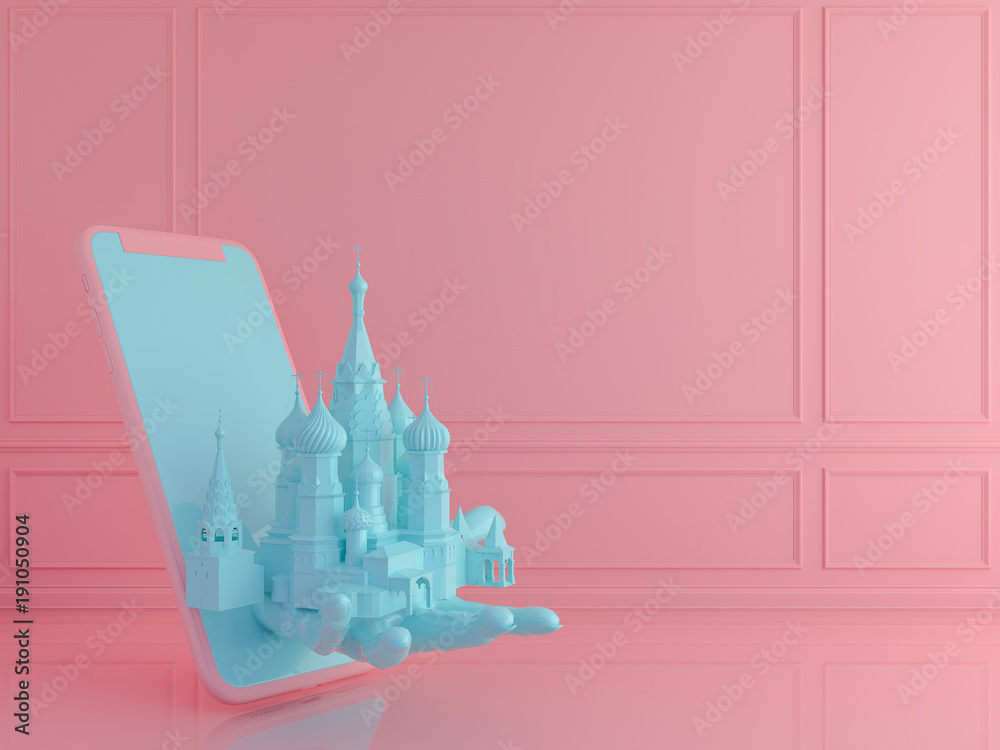 Pastel  St. Basil's Cathedral with smartphone .Love travel Paris concept.3d render