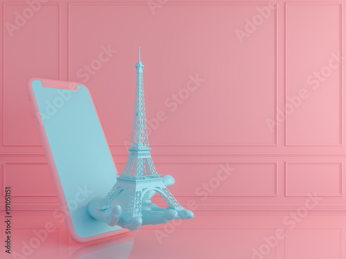 Pastel  eiffel tower with smartphone .Love travel Paris concept.3d render © patpongstock