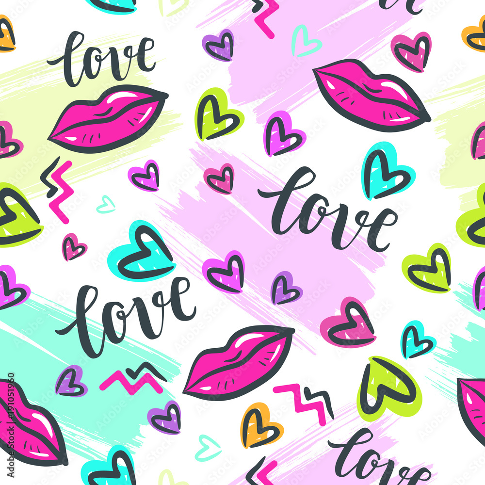 Valentine's Day Romantic seamless pattern with brush calligraphy style lettering and hearts. Valentine's Day Romantic seamless pattern with brush calligraphy style lettering and hearts.
