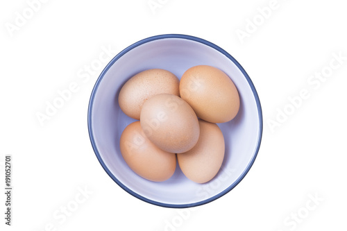 Five eggs in bowl on white background isolated with clipping path.