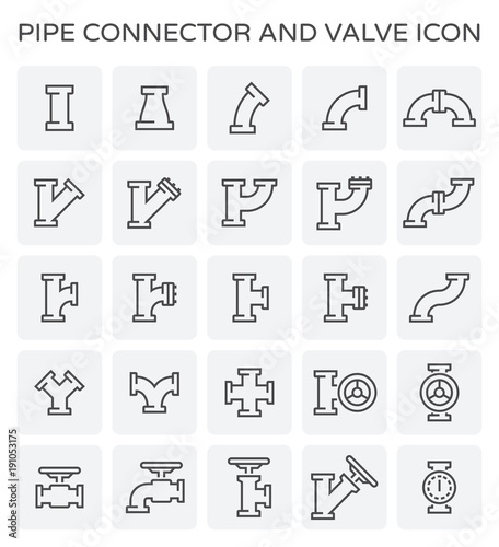 Pipe icon and flange fitting. Include control valve and pressure gauge or manometer. For pipeline construction and transportation liquid or gas i.e. crude, oil, natural gas, sewage, wastewater etc. 